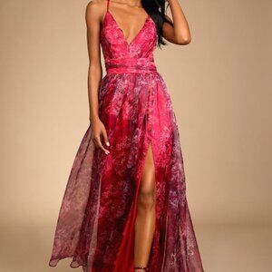 Romance That Wows Magenta Floral Print Organza Maxi Dress Pink